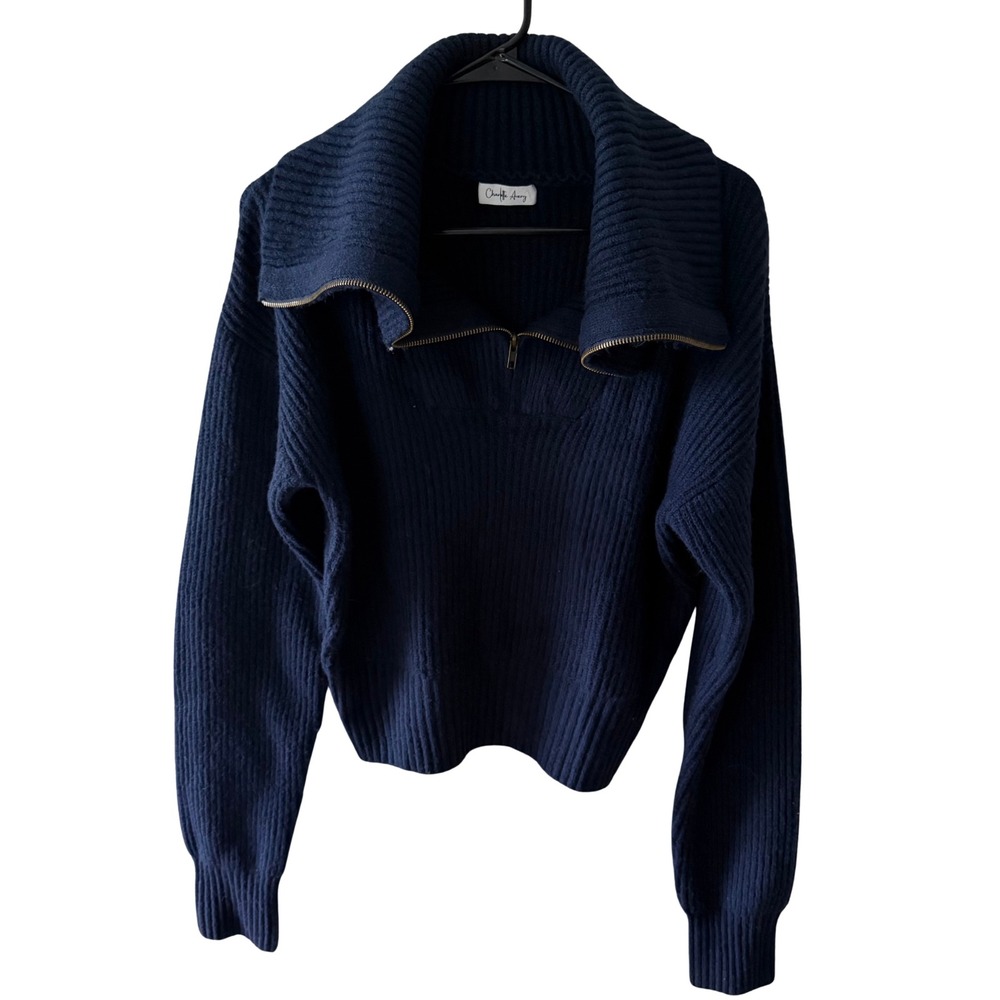 Charlotte Avery Navy Blue Ribbed Quarter Zip Wool Blend Sweater Womens Medium